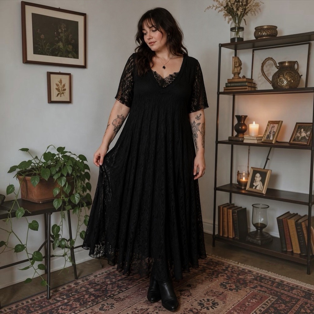 American Angel Black Lace Overlay Rayon Maxi Dress Whimsigoth Boho L